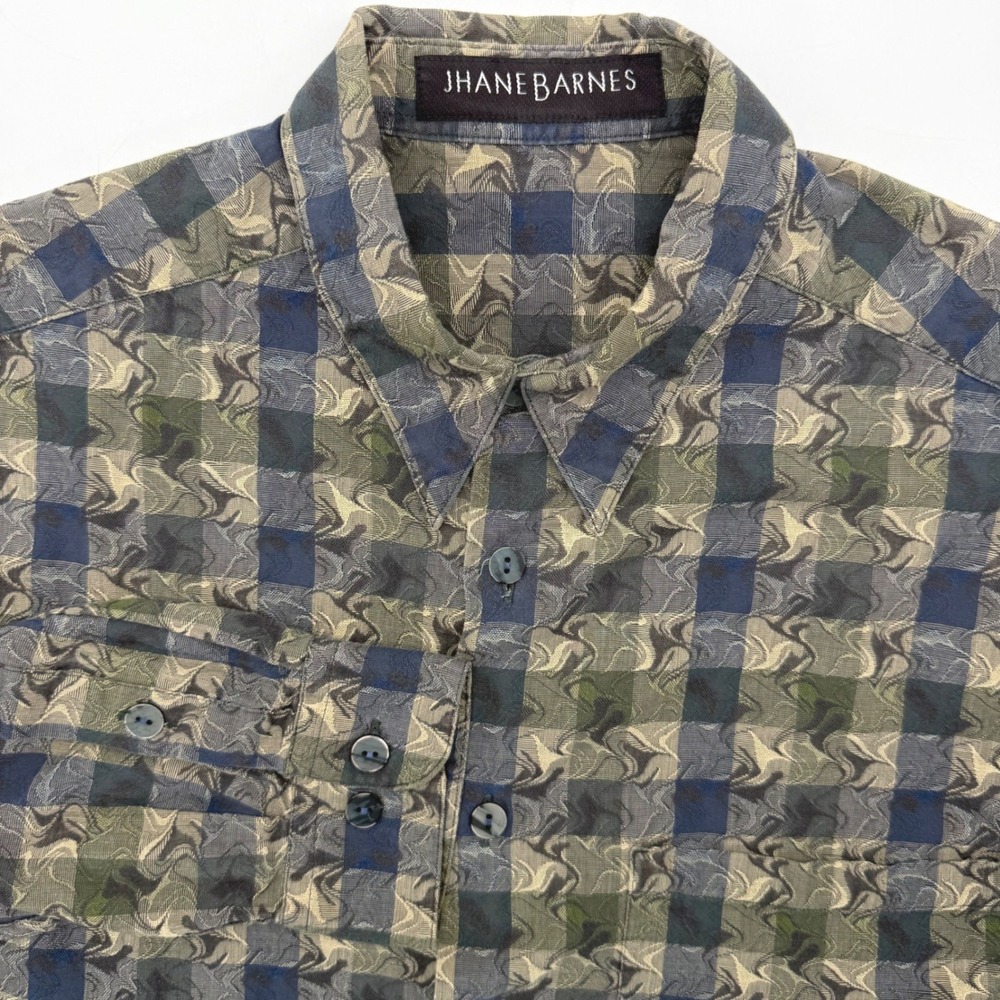 Jhane Barnes Button Down Men S Blue Green Woven Jacquard Check Long Sleeve Shirt